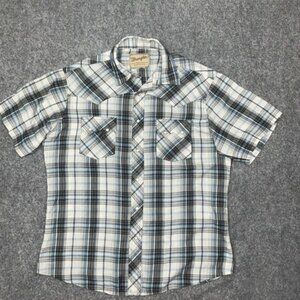 Wrangler Shirt Mens Sz L Blue Plaid Pearl Snap Western Brush Popper  Cowboy 90's